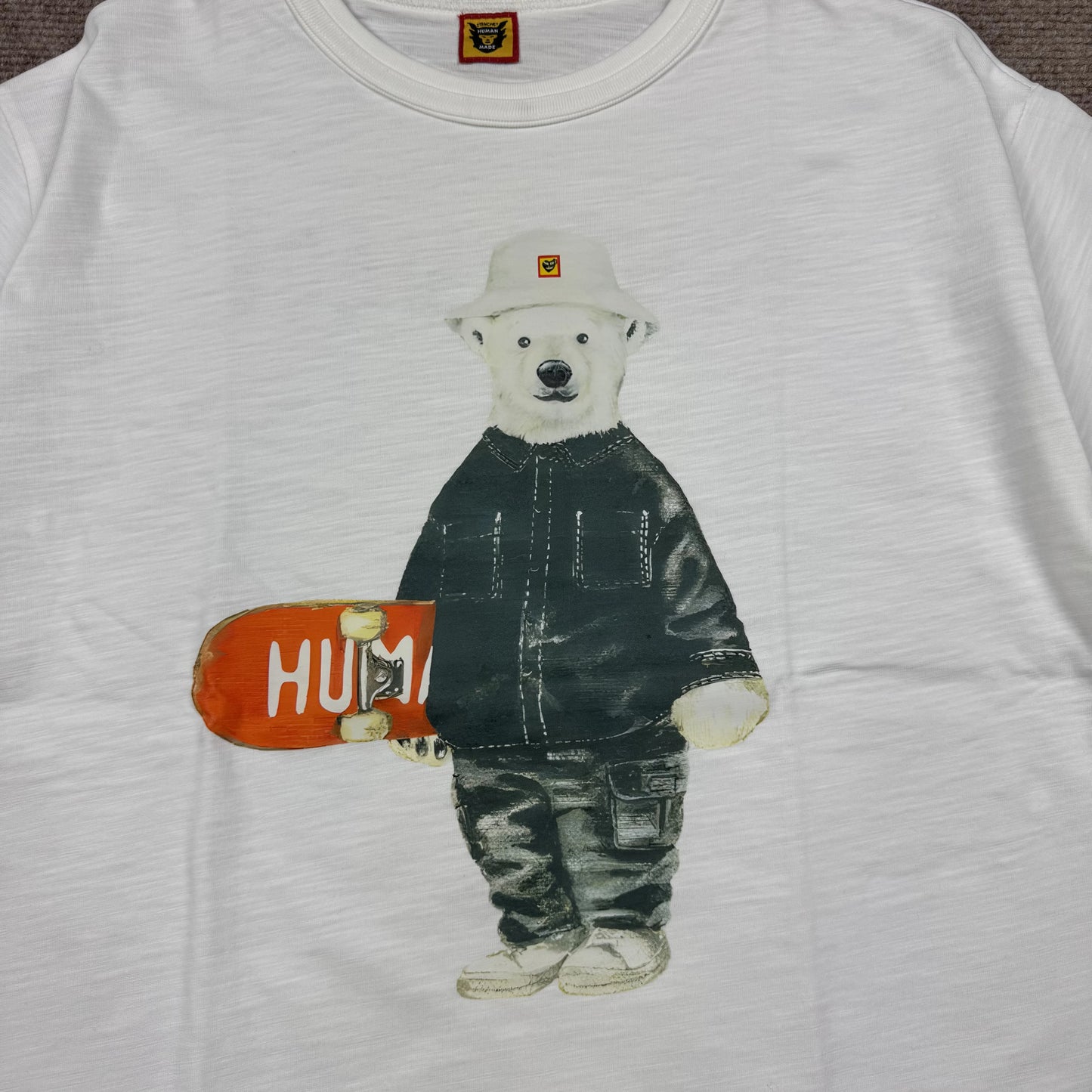 Human made bear with skate board